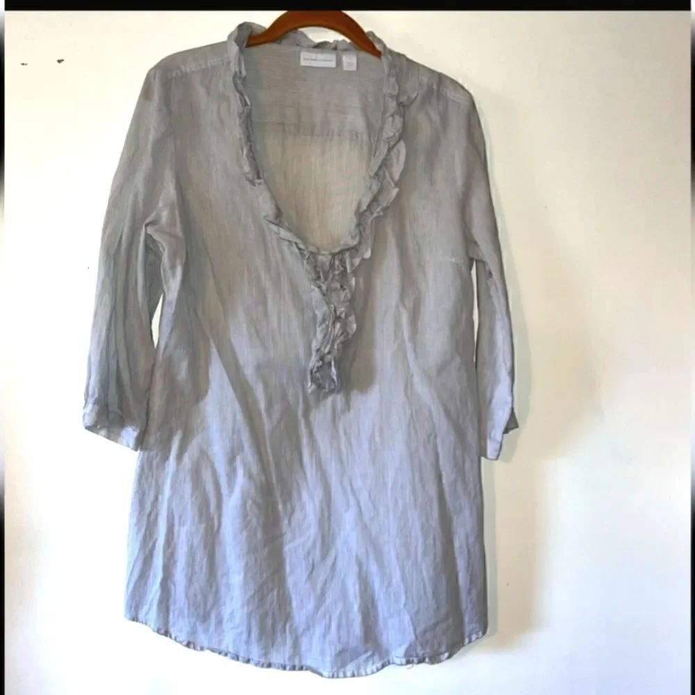 New York and Co Pin Striped Ruffle Buttoned Blouse Cotton Tunic